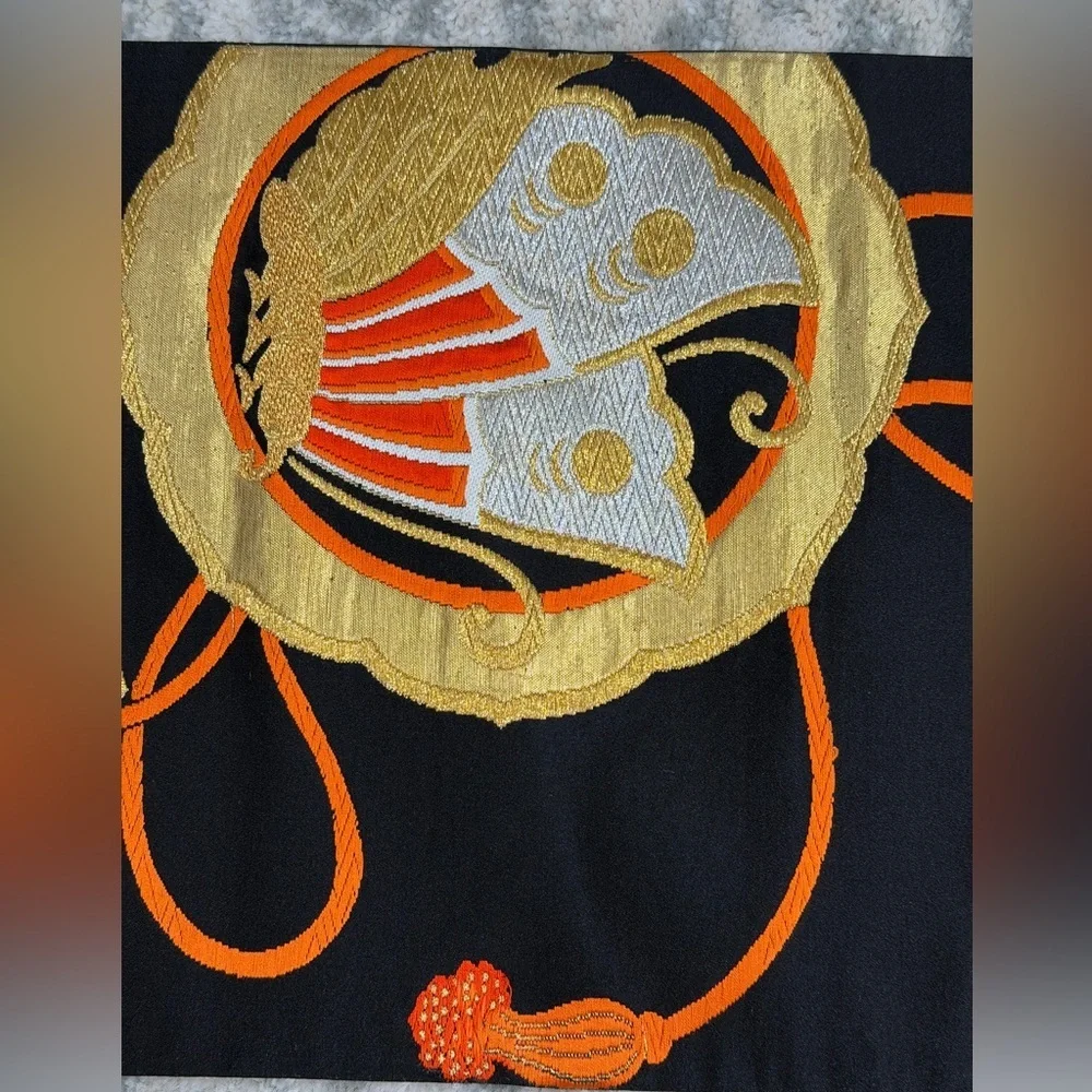 Vintage Japanese Obi Table Runner Black Gold Crane 13 Ft